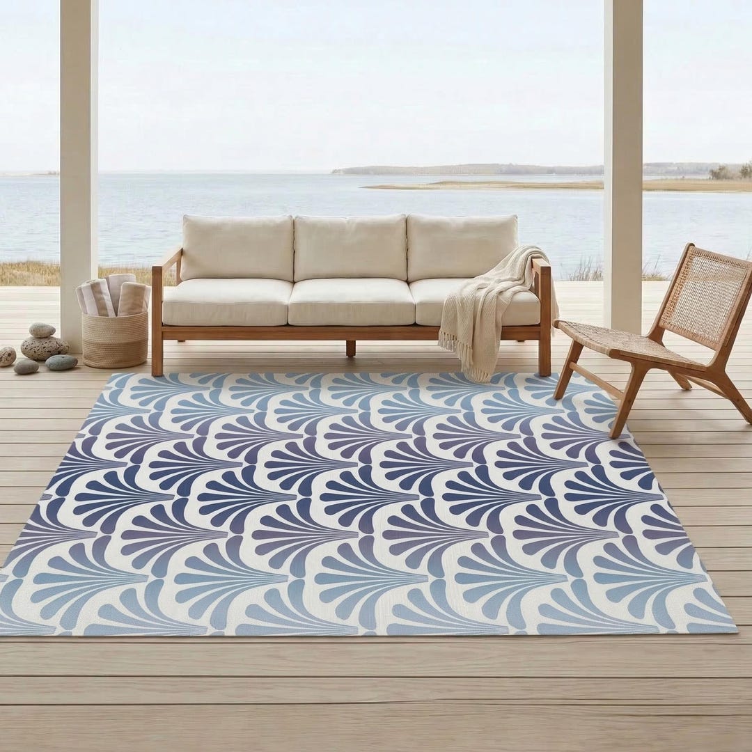 Coastal Rug – Art Deco Outdoor Patio Rug, Palm Leafs Pattern Beach ...
