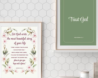 Christian Bible Verse Wall Art Set of 2 – Jeremiah 29:11 & Trust God Printable – Floral Scripture Decor, Baptism or Faith Gift