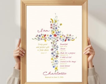 Personalized Baptism Gift for Girl, Floral Cross Nursery Wall Art, Godchild Baptism Sign, Baby Dedication Gift, Christian Printable Decor
