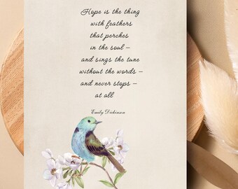 Hope Is The Thing With Feathers Wall Art, Emily Dickinson Quote Print, Vintage Bird Printable, Cottagecore Decor, Digital Download