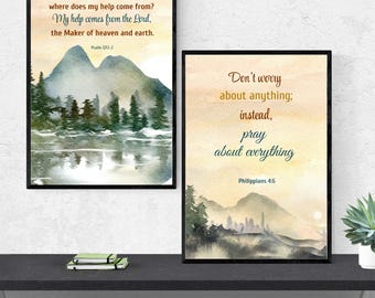 Bible Verse Wall Art Set – Philippians 4:6 & Psalm 121 – Christian Printable Wall Decor – Scripture Mountain Prints – Faith Gift Idea