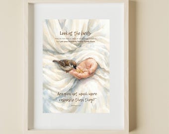 Kijk naar de vogels – Matthew 6:26 aquarel christelijke muurkunst, digitale download (christelijk cadeau)