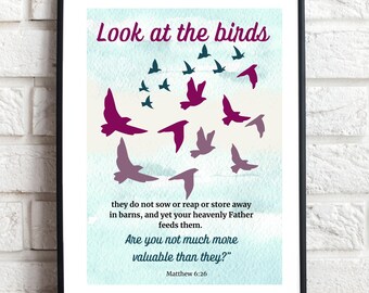 Look at the Birds Matthew 6:26  Christian Wall Art Printable  Bible Verse Decor  Scripture Quote Encouraging Digital Download Сhristian gift