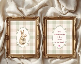 Baby Girl Bunny Wall Art Set of 2, How Wonderful Life Is Now You’re in the World, Vintage Nursery Decor, Rabbit Printable, Baby Shower Gift
