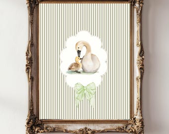 Mama and Baby Swan Nursery Art, Vintage Neutral Animal Print (Digital Download)