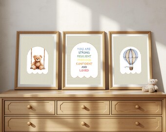Baby Boy Nursery Wall Art Set of 3, Sage Green Beige Prints, Teddy Bear Hot Air Balloon Decor, Kids Affirmation Print, Baby Shower Gift