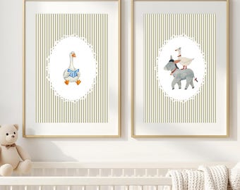 Goose Reading & Riding on Donkey – Animal Nursery Wall Art Set, 2 Prints, Kids Room Decor, Instant Download