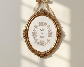 God Is Love Print, Neutral Christian Wall Art, Embroidery Style Bible Verse Decor, Elegant Scripture Printable, Vintage Aesthetic Poster