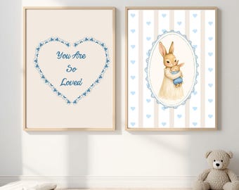 Baby Boy Nursery Wall Art Set, Bunny Printable, You Are So Loved Quote, Neutral Blue Nursery Decor, Baby Shower Gift, Kids Room Prints