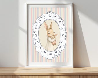 Vintage Bunny Mother Baby Art Print, Easter Bunny Painting, Neutral Nursery Decor (Instant Download)