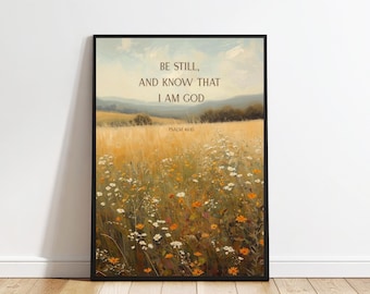 Psalm 46:10 Wall Art – Vintage Landscape Bible Verse Scripture Print (Digital Download)
