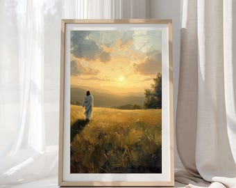 Jesus Walking Path Wall Art, Sunset Field, Oil Painting, Spiritual Christian Decor, Digital Download