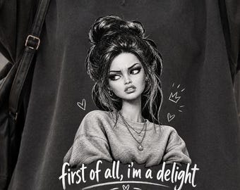 First of all I'm a Delight PNG, Retro Doll Face Meme Sublimation Design, Halftone png, Trendy Png, Funny Winter Holiday Digital Download