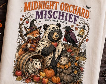 Midnight Orchard Mischief PNG | Halloween Woodland Animals PNG, Distressed Fall Shirt Design, Vintage Forest Wildlife PNG