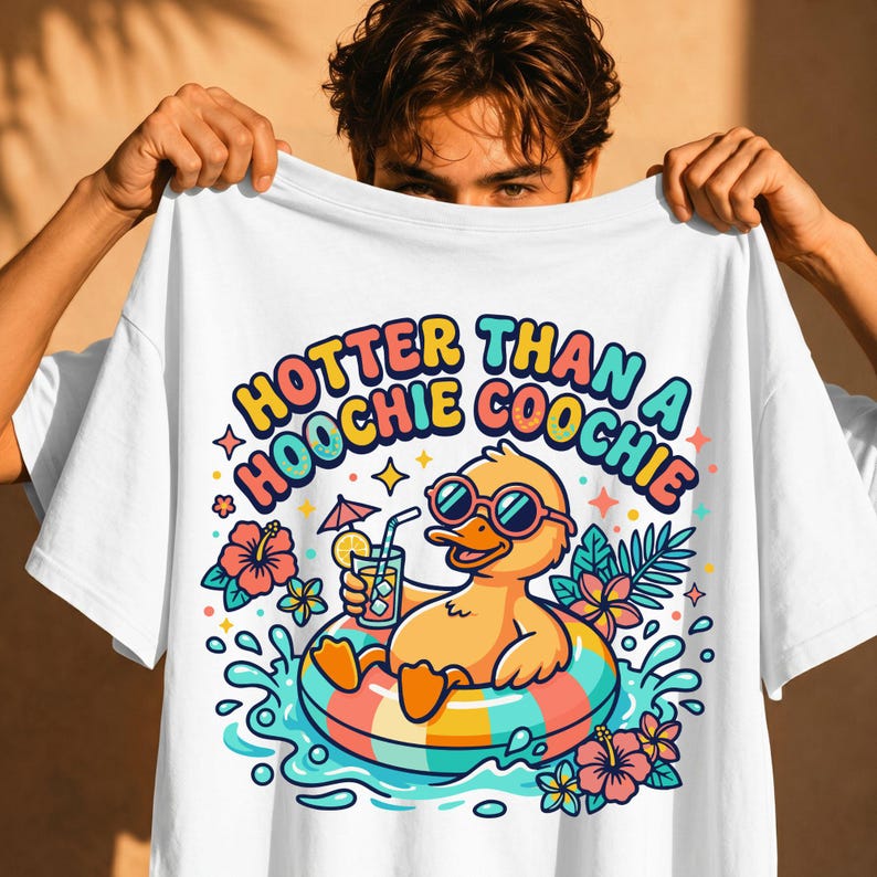 Funny retro summer shirt bundle featuring colorful “Hotter Than A Hoochie Coochie” beach designs with tropical animals, pool floats, and vacation aesthetics in SVG and PNG format.