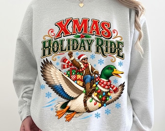Xmas holiday ride Christmas cowboy png, Christmas mallard duck png Cowboy Santa Riding Mallard, Western Duck-Hunting Christmas Vintage-Style