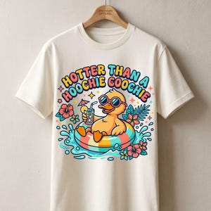 Funny retro summer shirt bundle featuring colorful “Hotter Than A Hoochie Coochie” beach designs with tropical animals, pool floats, and vacation aesthetics in SVG and PNG format.