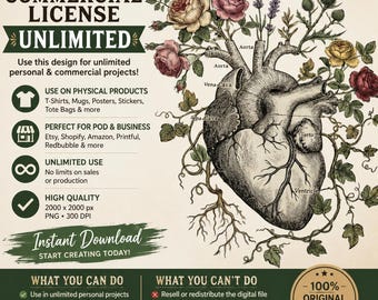 Anatomical Heart Floral PNG with Commercial License, Vintage Botanical Heart Clipart, Gothic Sublimation Digital Download