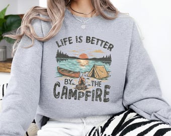 Life Is Better by the Campfire PNG – Vintage Camping Lake Sunset Shirt Design Digital Download