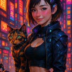 May include: Digital art of a woman and a cat in a futuristic city. The woman wears a black jacket and top, with a cat in a matching harness. Neon signs illuminate the background, creating a vibrant, colorful scene.