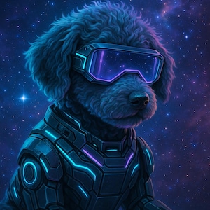 May include: A digital illustration of a black dog wearing futuristic VR goggles and a matching armored suit. The goggles and suit have glowing blue and purple accents. The background is a starry night sky.