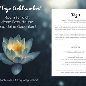 Puede incluir: Imagen de una flor de loto azul y amarilla con texto en alem&aacute;n: "30 d&iacute;as de atenci&oacute;n plena". El texto tambi&eacute;n incluye "&iexcl;Espacio para ti, tus necesidades y tus pensamientos!" y "&iexcl;F&aacute;cil de integrar en la vida diaria!"