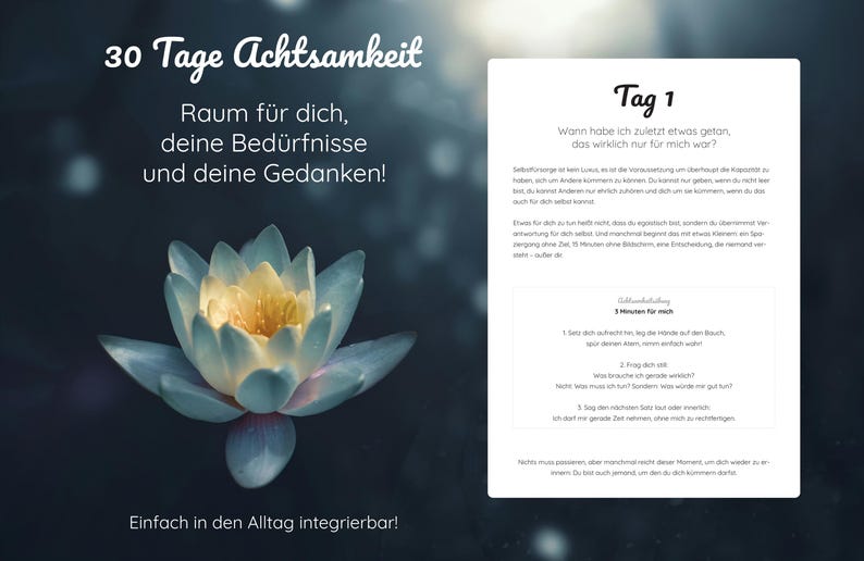 Puede incluir: Imagen de una flor de loto azul y amarilla con texto en alem&aacute;n: "30 d&iacute;as de atenci&oacute;n plena". El texto tambi&eacute;n incluye "&iexcl;Espacio para ti, tus necesidades y tus pensamientos!" y "&iexcl;F&aacute;cil de integrar en la vida diaria!"