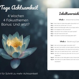 Puede incluir: Imagen de una flor de loto con p&eacute;talos azules y amarillos, sobre un fondo oscuro y borroso. Texto en alem&aacute;n: "30 Tage Achtsamkeit", que detalla un programa de mindfulness con temas semanales y ejercicios diarios.