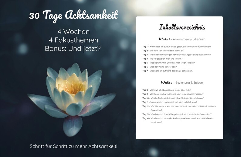 Puede incluir: Imagen de una flor de loto con p&eacute;talos azules y amarillos, sobre un fondo oscuro y borroso. Texto en alem&aacute;n: "30 Tage Achtsamkeit", que detalla un programa de mindfulness con temas semanales y ejercicios diarios.