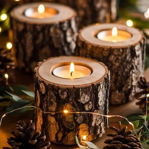 Rustic Log Candle Holders Set | Natural Wood Tealight Holders | Woodland Wedding Decor | Christmas Table Centerpiece | Cozy Fall Decor