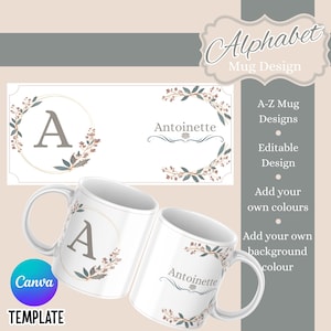 Design de caneca personalizada com iniciais – Alfabeto floral, modelo do Canva (download digital)