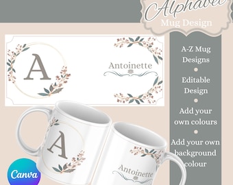 Diseño de taza con iniciales personalizadas – Alfabeto floral, plantilla de Canva (descarga digital)