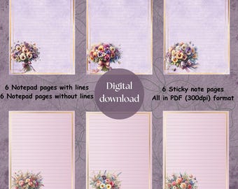 Floral Notepad & Sticky Notes Set: Pink Purple Stationery (Digital Download)