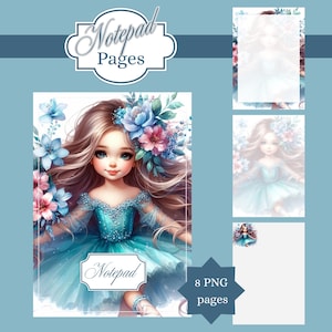 Könnte beinhalten: Ein digitales Notizbuch mit einer Aquarellillustration eines Mädchens mit langen braunen Haaren und blauen und rosa floralen Akzenten. Das Notizbuch trägt den Text "Notepad Pages" und "Notepad". Enthält 8 PNG-Seiten.