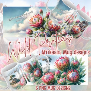 Puede incluir: Diseños de tazas con ilustraciones vibrantes de flores de protea, molinos de viento y paisajes. Las tazas tienen un fondo blanco y están adornadas con texto en una fuente de escritura. La imagen también incluye el texto "Wild Proteas" y "6 PNG MUG DESIGNS".