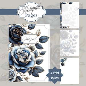May include: A white notepad with a blue rose design and the word "Notepad" in elegant script. The image also shows additional notepad pages with similar floral designs. The words "Notepad Pages" are at the top.