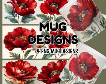 Red Poppy Mug Wrap Designs | Sublimation Mug Art (Digital Download)