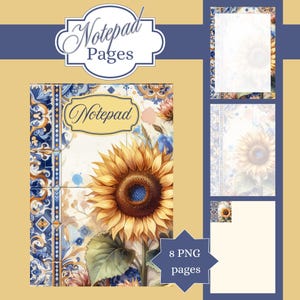 Puede incluir: Un bloc de notas con un diseño de girasol y la palabra "Notepad" en una fuente decorativa. El bloc de notas presenta un estilo de acuarela con tonos azules, amarillos y beige. También se muestran páginas adicionales con diseños de girasoles y azulejos.