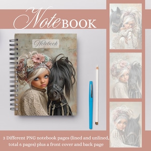 May include: A spiral-bound notebook with a cover featuring a digital art illustration of a girl with a horse. The notebook has the word "Notebook" on the cover. A blue pen and white pencil are next to the notebook. The words "NoteBOOK" are at the top.