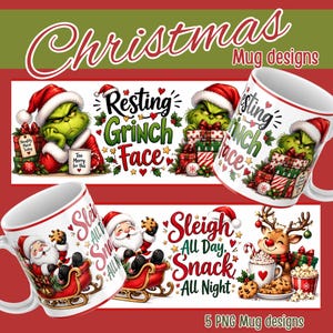Op de afbeelding: Twee witte keramische mokken met grafische ontwerpen in kerstthema. Eén mok toont een groen personage met een kerstmuts en de tekst Resting Grinch Face. De andere mok toont een lachende kerstman met de tekst Sleigh All Day, Snack All Night.