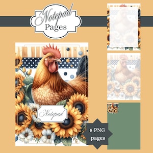 May include: A notepad with a watercolor illustration of a rooster surrounded by sunflowers. The notepad has a white border and the word "Notepad" in a decorative font. The image also includes additional notepad pages and the text "8 PNG pages".