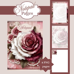 Vintage Rose Pearl Stationery Notepad Printable PNG Set
