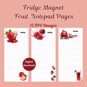Könnte beinhalten: Digitaler Download von Notizbuchseiten mit Obstmotiven. Die Seiten zeigen Bilder von Erdbeeren, Himbeeren und Granatäpfeln. Die Notizbuchseiten sind als Kühlschrankmagnete konzipiert.