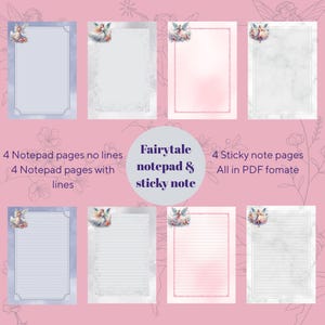 May include: A digital download featuring eight pages of fairytale-themed stationery. The set includes four notepad pages with and without lines, and four sticky note pages. Each page is adorned with a fairy illustration and floral accents.