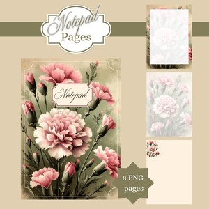 Peut inclure: Un bloc-notes avec un motif floral représentant des œillets roses et des boutons. Le mot "Notepad" est affiché dans une police décorative. L'image comprend des pages de bloc-notes supplémentaires avec le même thème floral. Le texte "8 PNG pages" est également visible.