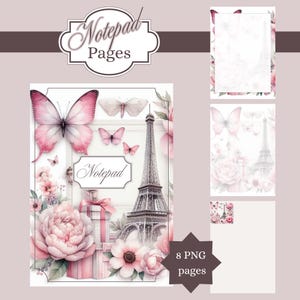 May include: A digital notepad with a watercolor design featuring pink butterflies, flowers, and the Eiffel Tower. The notepad has the word "Notepad" on it. The image also shows 8 PNG pages.