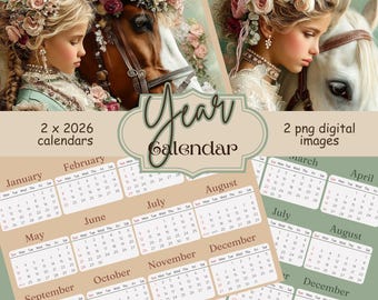Lady with Her Horse Year Calendar Designs | Elegant Equestrian Art | 2 PNG Calendar Designs | Digital Download