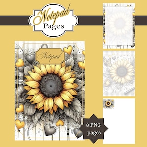 May include: A notepad with a sunflower design, featuring yellow petals and a dark center, surrounded by gray leaves and hearts. The notepad has the word "Notepad" on the cover and includes 8 PNG pages. The background is a mix of yellow and gray.