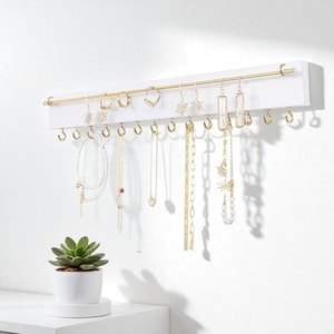 Wall gold Necklace Hanger | Hanging Jewelry Organizer | Wooden Jewelry holder with Hooks | Wall-Mounted Necklace & Jewelry Storage