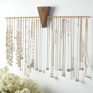 Wall Jewelry Organizer Rack – Dark Wood Wall-Mounted Necklace Holder, Jewelry Hanger for Earrings & Bracelets, Rustic Storage Decor